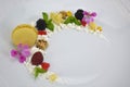 Biscuit, fake caviar and fruits