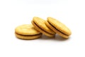 Biscuit sandwich cracker chocolate cream flavoured. Pile of crunchy delicious sweet meal and useful cookies.