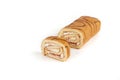 Biscuit swiss roll on white background.