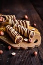 Biscuit tubes filled with hazelnut cream and chocolate topping Royalty Free Stock Photo