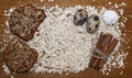 Biscuits, oats flakes, cinnamon sticks, meringue, eggs on a tab