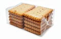Biscuits packaged in transparent plastic wrap. Stacked cookies are shown in clear packaging on white surface. Tasty and delicious Royalty Free Stock Photo