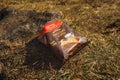 Biscuits packaging upon lawn polluting the nature