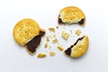 Biscuits some broken or crack and crumbs of sandwich cracker chocolate cream flavoured. Crunchy delicious sweet meal and useful co