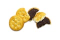 Biscuits some broken or crack of sandwich cracker chocolate cream flavoured. Crunchy delicious sweet meal and useful cookies.