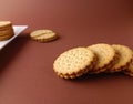 biscuits on white dish and isolated, round biscuits on brown background,close up Royalty Free Stock Photo