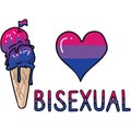 Cute bisexual ice cream cone cartoon illustration motif set. LGBTQ bi sweet treat elements for pride blog. Typography