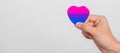 Bisexuality Celebrate Day and LGBT pride month, LGBTQ+ or LGBTQIA+ concept. Hand holding purple, pink and blue heart shape for