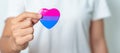 Bisexuality Celebrate Day and LGBT pride month, LGBTQ+ or LGBTQIA+ concept. Hand holding purple, pink and blue heart shape for