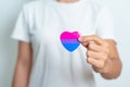 Bisexuality Celebrate Day and LGBT pride month, LGBTQ+ or LGBTQIA+ concept. Hand holding purple, pink and blue heart shape for