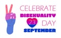 Bisexuality day concept vector. Hand is painted in bisexual pride colors. Heart with pink stripes and 23 September is written. Bi