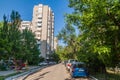 BISHKEK, KYRGYZSTAN - MAY 11, 2017: Street in Vostok 5 neighborhood in Bishkek, capital of Kyrgyzsta