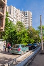 BISHKEK, KYRGYZSTAN - MAY 11, 2017: Street in Vostok 5 neighborhood in Bishkek, capital of Kyrgyzsta