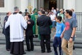 New Orleans, LA/USA - 7/16/17: Parishioners, Priest and Bishop Outside St. Louis Cathedral in the French Quarter of New Orleans