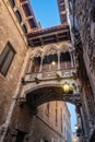 Bishop`s Bridge at dusk, Gothic Quarter, Barcelona Spain. Royalty Free Stock Photo