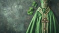 Bishop Saint Patrick& x27;s on green background. Holiday St. Patrick& x27;s Day Background, copy space