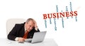 Bisinessman sitting at desk and looking laptop with business wor Royalty Free Stock Photo