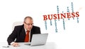 bisinessman sitting at desk and looking laptop with business word cloud Royalty Free Stock Photo