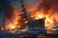 Bismarck warship on fire in the battle