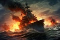 Bismarck warship on fire in the battle