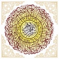 Bismillah Sura Alkaferoon Islamic Calligraphy round shape Khatesulas golden ornamental  corner wallpaper Poster Royalty Free Stock Photo