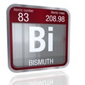 Bismuth symbol in square shape with metallic border and transparent background with reflection on the floor. 3D render