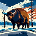 Bison on the background of the snowy mountains. Vector illustration. AI generated