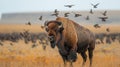 A bison with birds flying. Royalty Free Stock Photo