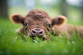 bison calf lying in green grass with eyes open