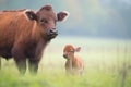 bison calf standing near its mother in a field