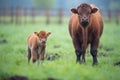 bison calf standing near its mother in a field