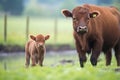 bison calf standing near its mother in a field