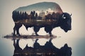 Bison and a city view. Double exposure. Ai generative