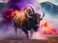 A bison coming out from colorful smoke