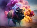 A bison coming out from colorful smoke