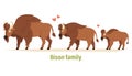 Bison family Mom, dad and calf. Flat vector illustration isolated on white background. Children`s illustrations