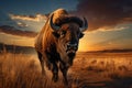 Bison gracefully moving across Yellowstones grassland during the sunset Royalty Free Stock Photo