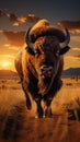 Bison gracefully moving across Yellowstones grassland during the sunset Royalty Free Stock Photo