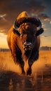 Bison gracefully moving across Yellowstones grassland during the sunset Royalty Free Stock Photo