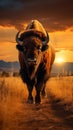 Bison gracefully moving across Yellowstones grassland during the sunset Royalty Free Stock Photo