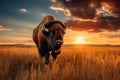 Bison in the grassland at sunset, Yellowstone National Park, Wyoming, USA, A bison roaming across a grassland plateau during the Royalty Free Stock Photo