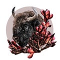 Bison head in profile decorated with tropical flowers on the neck