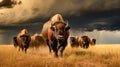 Bison herd moving through a prairie storm