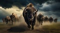 Bison herd moving through a prairie storm