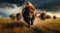 Bison herd moving through a prairie storm