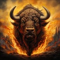 a bison with horns and fire