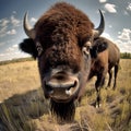 Bison looking straight on with Fisheye Lens