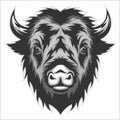Bison mascot head. Black and white.