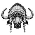 Bison, ox, buffalo. Wild animal wearing inidan headdress with feathers. Boho chic style illustration for tattoo, emblem
