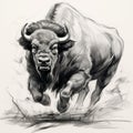 Aggressive Digital Illustration Of Running Bison In Black And White